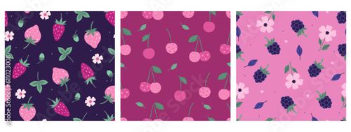 Set of seamless patterns with strawberries, cherries and blackberries. Vector graphics.