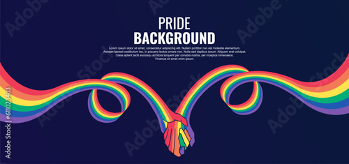  LGBT pride abstract background. Vector background with rainbow colors. Rainbow colored wavy abstract lines with the holding hands symbol. Vector Banner Template for Pride Month