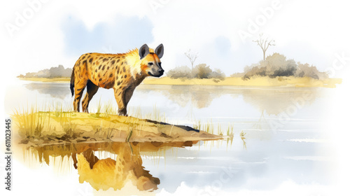 Watercolor illustration of a hyena standing by a clear river in Savannah. Reflection on the water's surface, isolated on a white background. Generative AI