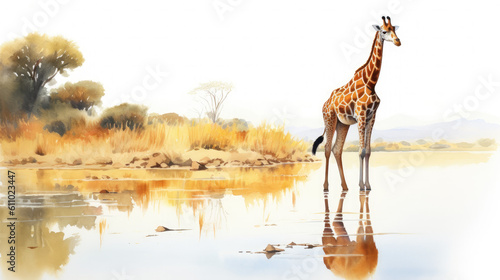 Watercolor illustration of giraffe standing by a clear river in Savannah. Reflection on the water's surface, isolated on a white background. Generative AI