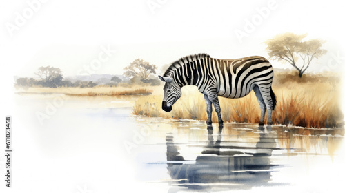 Watercolor illustration of zebra standing by a clear river in Savannah. Reflection on the water s surface  isolated on a white background. Generative AI