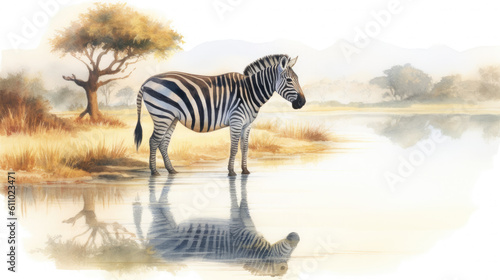 Watercolor illustration of zebra standing by a clear river in Savannah. Reflection on the water s surface  isolated on a white background. Generative AI
