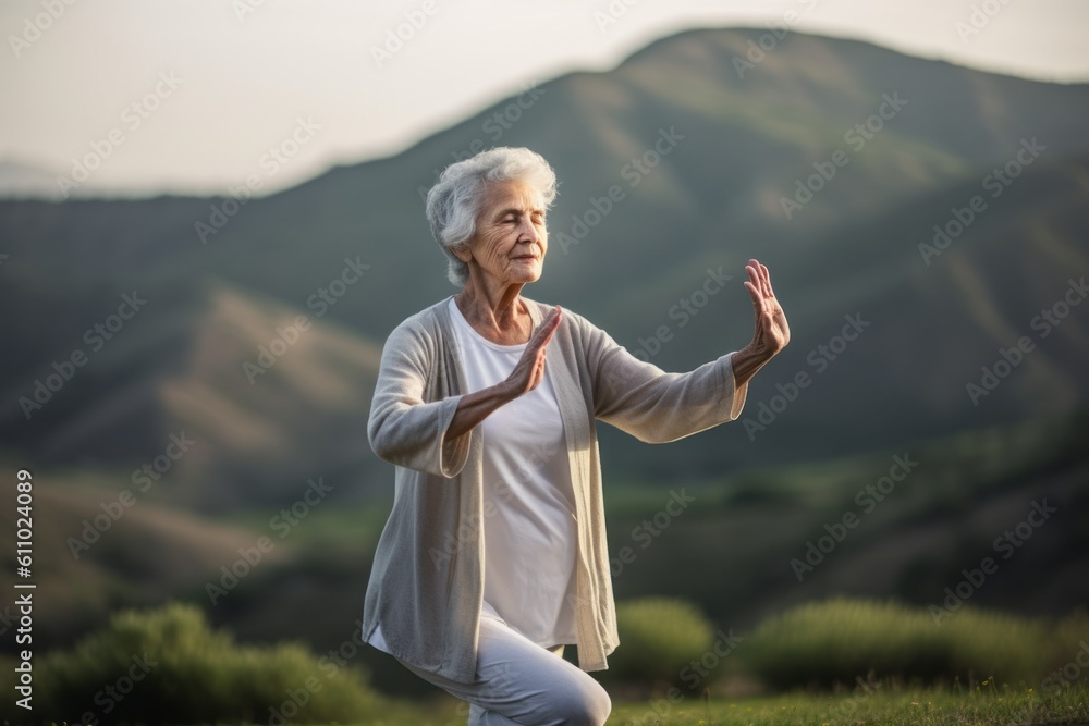 Medium shot portrait photography of a glad old woman practicing yoga against a rolling hills background. With generative AI technology