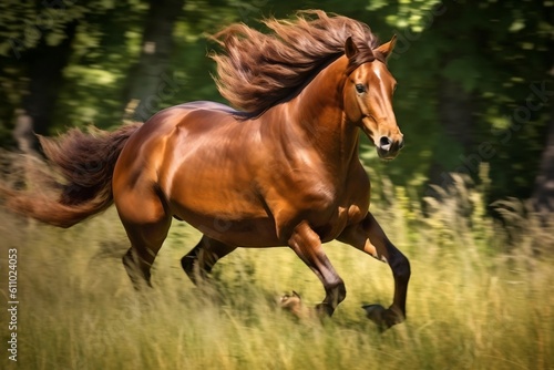 Dynamic Brown Horse in Motion A Stunning Grassland Scene. Generative AI ©  Creative_studio