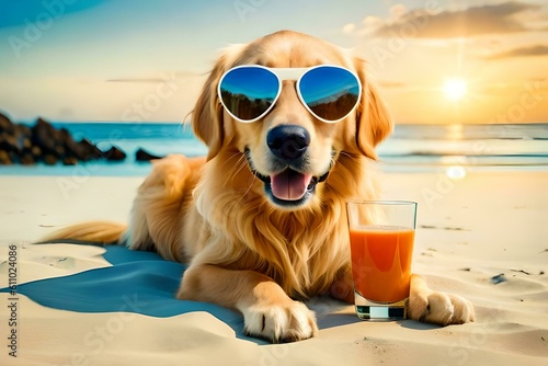 Golden retriever dog with sunglasses lying on the sand of a beach. Created with generative Ai technology.