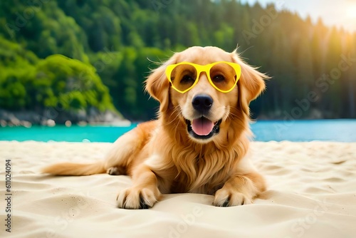 Golden retriever dog with sunglasses lying on the sand of a beach. Created with generative Ai technology.