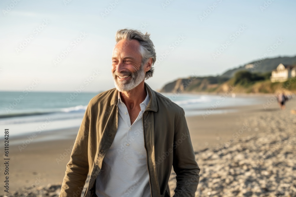 Environmental portrait photography of a grinning mature man walking against a serene beach background. With generative AI technology Environmental portrait photography of a grinning mature man walking against a serene beach background. With generative AI technology