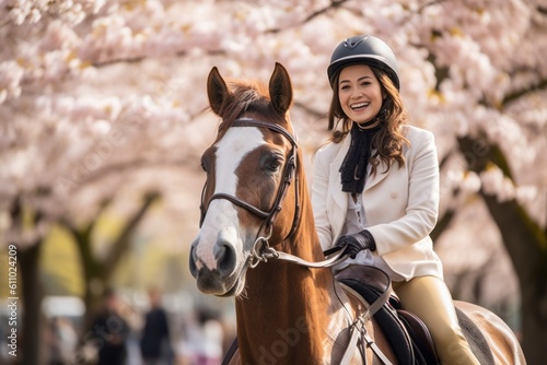 Medium shot portrait photography of a grinning girl in her 30s riding a horse against a cherry blossom background. With generative AI technology