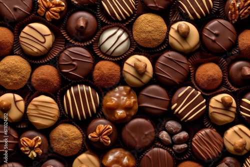 Delicious Assortment of Chocolate Pralines A Top View Treat. Generative AI