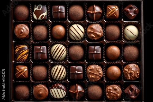Delicious Assortment of Chocolate Pralines A Top View Treat. Generative AI ©  Creative_studio