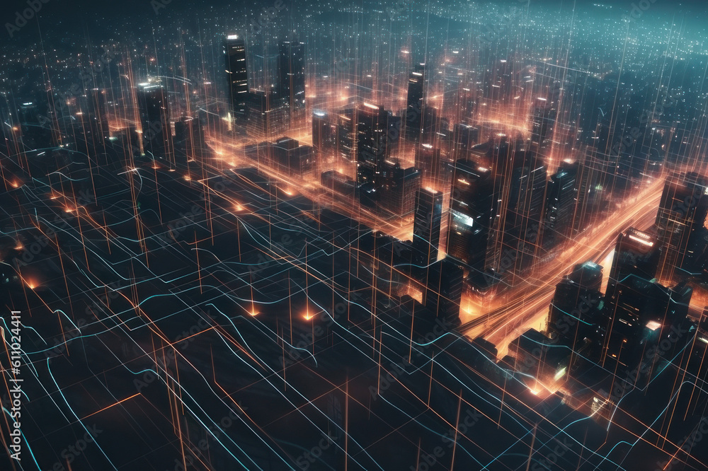 Internet networks over the city, cyberspace, neon light. The concept of the future. AI generative.