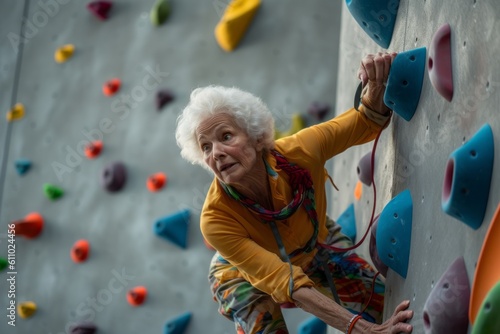 Environmental portrait photography of a satisfied old woman practicing rock climbing against a modern art gallery background. With generative AI technology