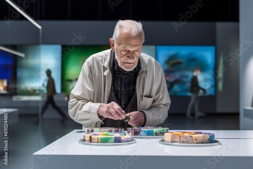 Medium shot portrait photography of a satisfied old man making a cake against a modern art gallery background. With generative AI technology