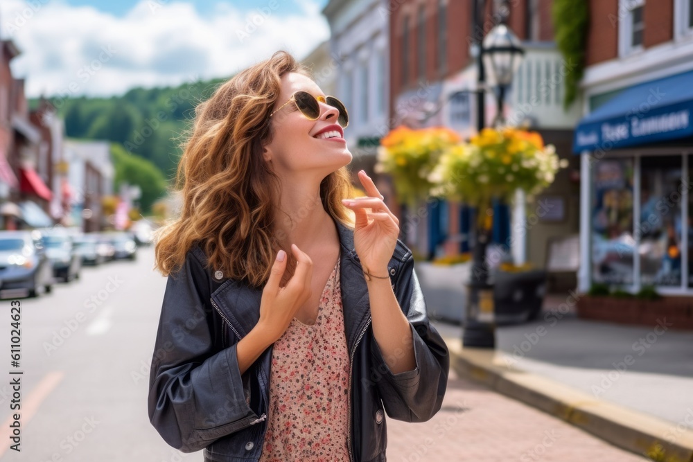 Lifestyle portrait photography of a satisfied girl in her 30s sending blowing kiss against a small town main street background. With generative AI technology