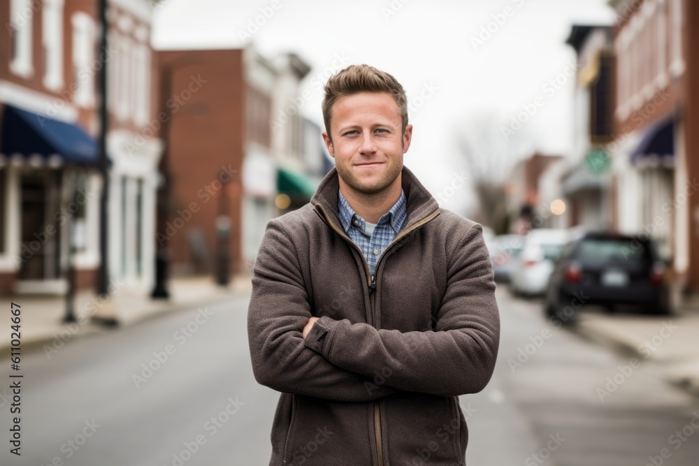Lifestyle portrait photography of a glad boy in his 30s with crossed arms against a small town main street background. With generative AI technology Lifestyle portrait photography of a glad boy in his 30s with crossed arms against a small town main street background. With generative AI technology