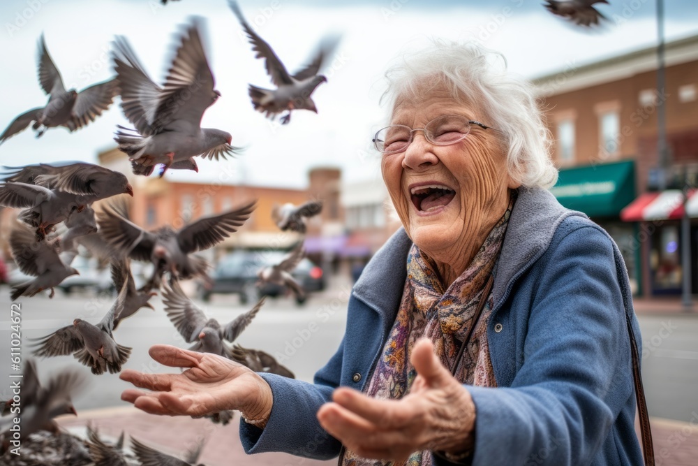 Medium shot portrait photography of a joyful mature woman feeding birds