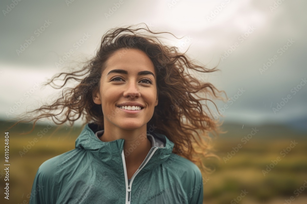 Medium shot portrait photography of a happy girl in her 30s walking against a dramatic thunderstorm background. With generative AI technology Medium shot portrait photography of a happy girl in her 30s walking against a dramatic thunderstorm background. With generative AI technology