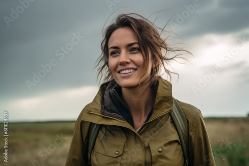 Medium shot portrait photography of a happy girl in her 30s walking against a dramatic thunderstorm background. With generative AI technology © Markus Schröder
