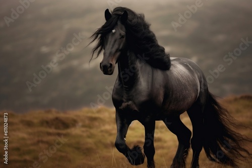 Untamed Friesian Horse Roaming its Natural Habitat. Generative AI © Creative_studio