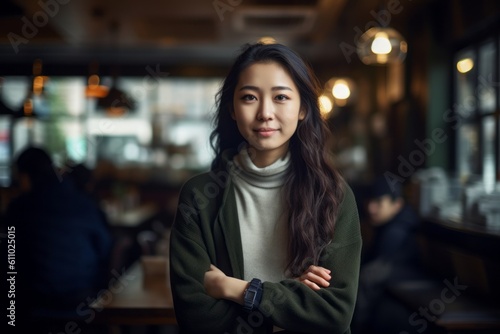 Environmental portrait photography of a tender girl in her 30s with crossed arms against a cozy coffee shop background. With generative AI technology