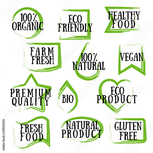 Vector hand drawn healthy food emblems. Vegan, natural, organic food. Set of icons and emblems for food packaging, restaurants, shops, marketing. 