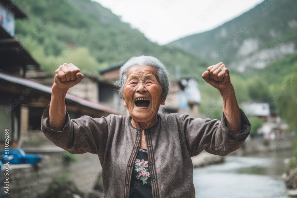 Naklejka premium Environmental portrait photography of a grinning old woman celebrating with his fists against a rustic bridge background. With generative AI technology