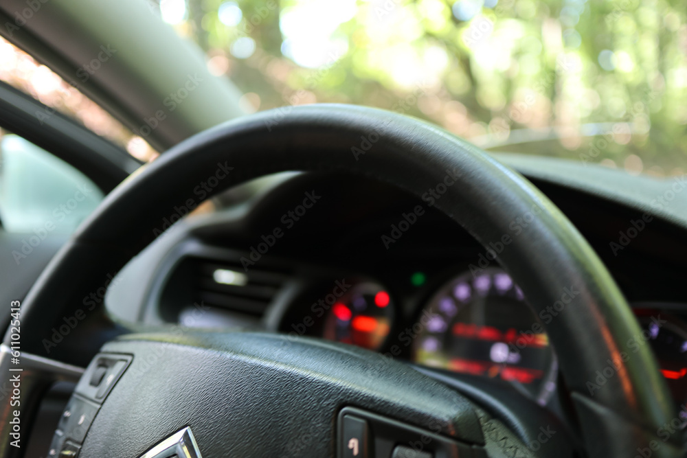 View from the car.Windshield.Steering wheel.Shabby auto steering wheel.Trip in winter.Bad weather.Inside the car.Auto theme.Rent a car.buy a car.maintenance of equipment.inspection.movement.