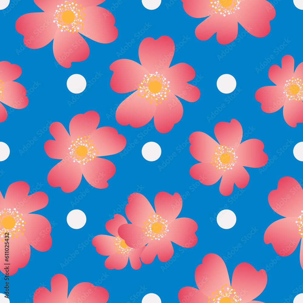 Wild rose in a botanical seamless pattern. Rosehip flowers are pink on a blue background. Wild rose in a botanical seamless pattern. Rosehip flowers are pink on a blue background.