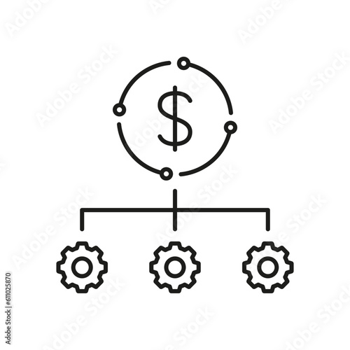 Money Management Industry Line Icon. Effective Finance Investment Linear Pictogram. Gear and Dollar Optimize Process Outline Sign. Business Optimization. Editable Stroke. Isolated Vector Illustration