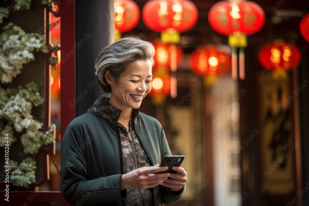 Medium shot portrait photography of a glad mature woman using the mobile against a traditional asian temple background. With generative AI technology Medium shot portrait photography of a glad mature woman using the mobile against a traditional asian temple background. With generative AI technology