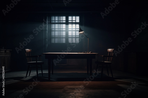 Tela Dark Interrogation room, atmosphere of Jail room. Generative Ai
