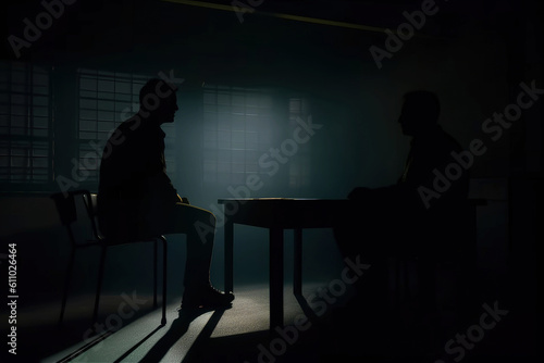 Dark Interrogation room with silhouette of detective and suspect or victim, atmosphere of Jail room. Generative Ai photo
