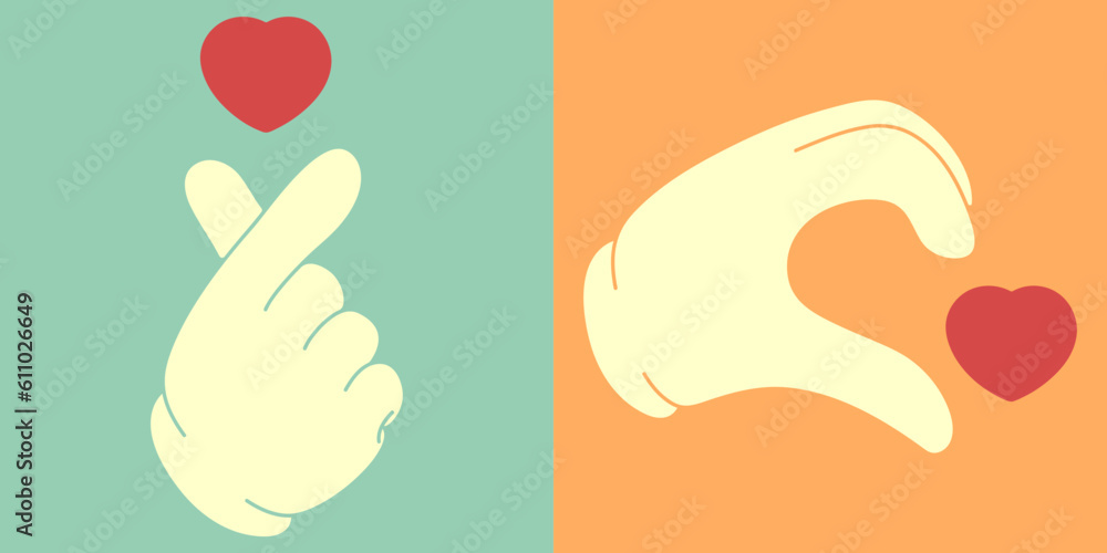 Set of cartoon hand gesture calling heart in retro style Set of cartoon hand gesture calling heart in retro style