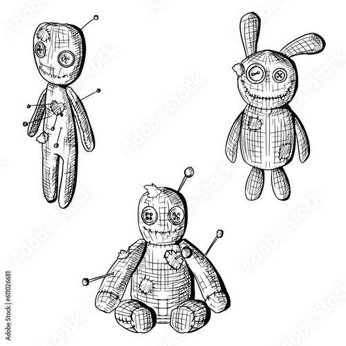 Set of voodoo dolls. Vector sketches. Isolated on white. Hand-drawn style.