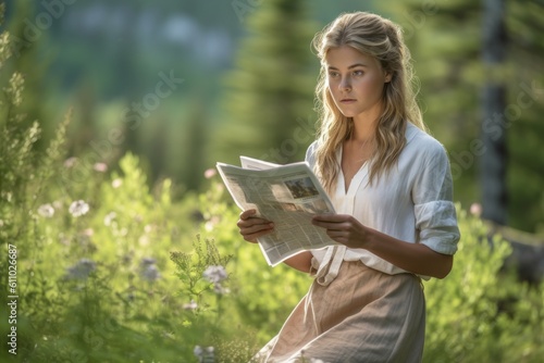 Full-length portrait photography of a satisfied mature girl reading the newspaper against a national park background. With generative AI technology