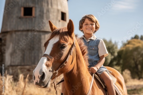 Medium shot portrait photography of a happy kid male riding a horse against a rustic windmill background. With generative AI technology