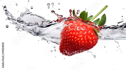 Strawberry falling on splash of water
