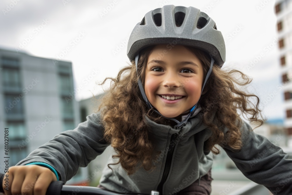 Close-up portrait photography of a joyful kid female riding a bike against a rooftop terrace background. With generative AI technology Close-up portrait photography of a joyful kid female riding a bike against a rooftop terrace background. With generative AI technology