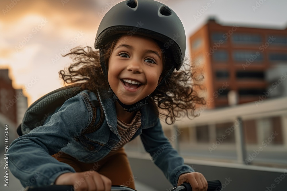 Close-up portrait photography of a joyful kid female riding a bike against a rooftop terrace background. With generative AI technology Close-up portrait photography of a joyful kid female riding a bike against a rooftop terrace background. With generative AI technology