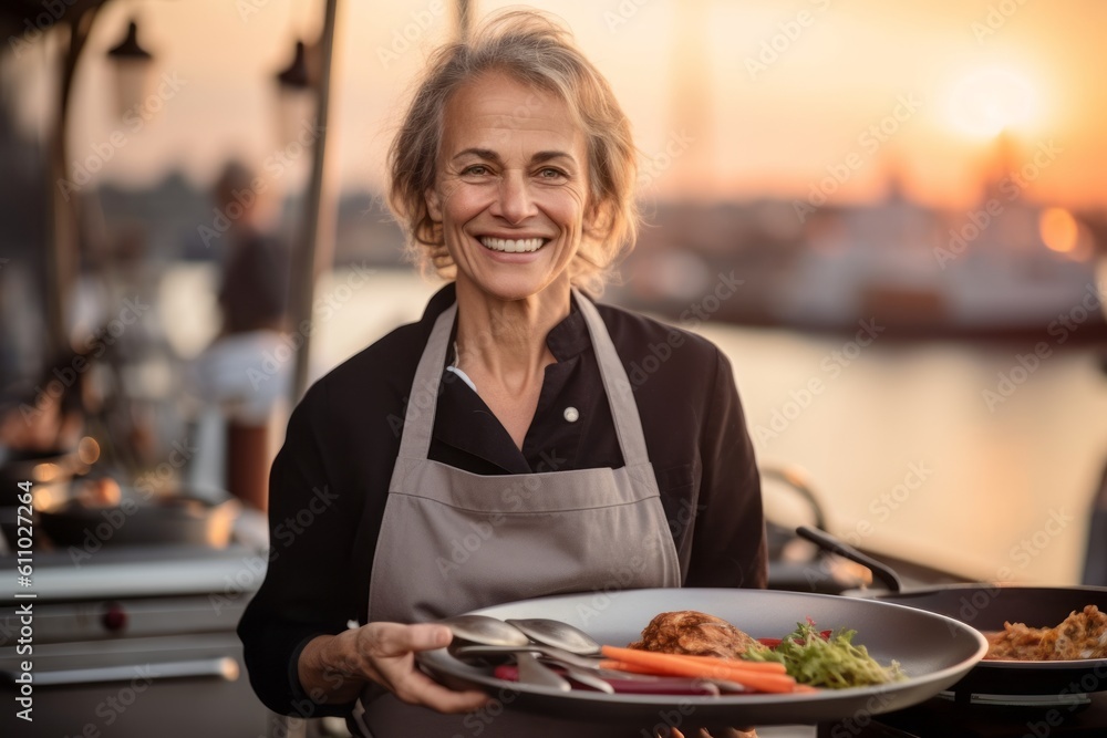 Close-up portrait photography of a grinning mature woman cooking against a picturesque harbor background. With generative AI technology