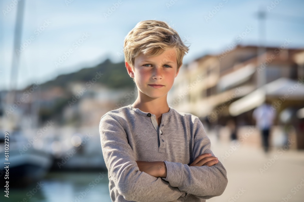 Medium shot portrait photography of a glad mature boy with crossed arms against a picturesque harbor background. With generative AI technology
