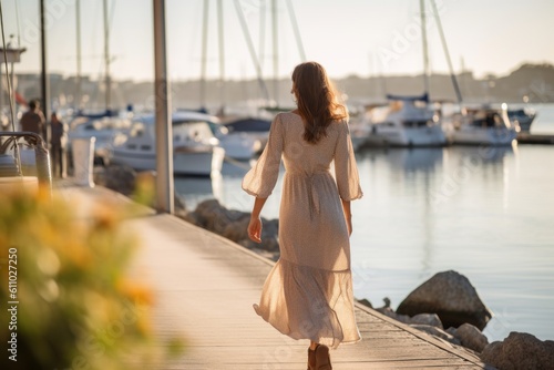 Environmental portrait photography of a glad girl in her 30s walking against a picturesque harbor background. With generative AI technology