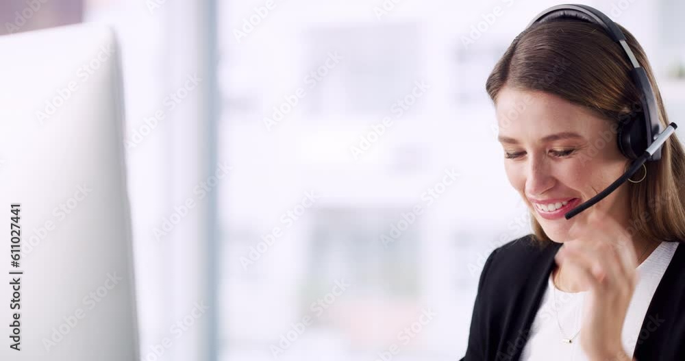 Call center, happy woman and talking at computer for customer service, telemarketing and sales consulting. Female agent, desktop and communication for advice, help desk and technical support of CRM Call center, happy woman and talking at computer for customer service, telemarketing and sales consulting. Female agent, desktop and communication for advice, help desk and technical support of CRM