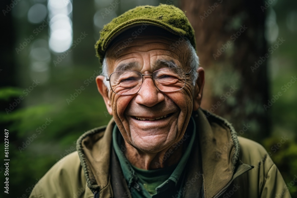 Close-up portrait photography of a joyful old man smiling against a moss-covered forest background. With generative AI technology Close-up portrait photography of a joyful old man smiling against a moss-covered forest background. With generative AI technology