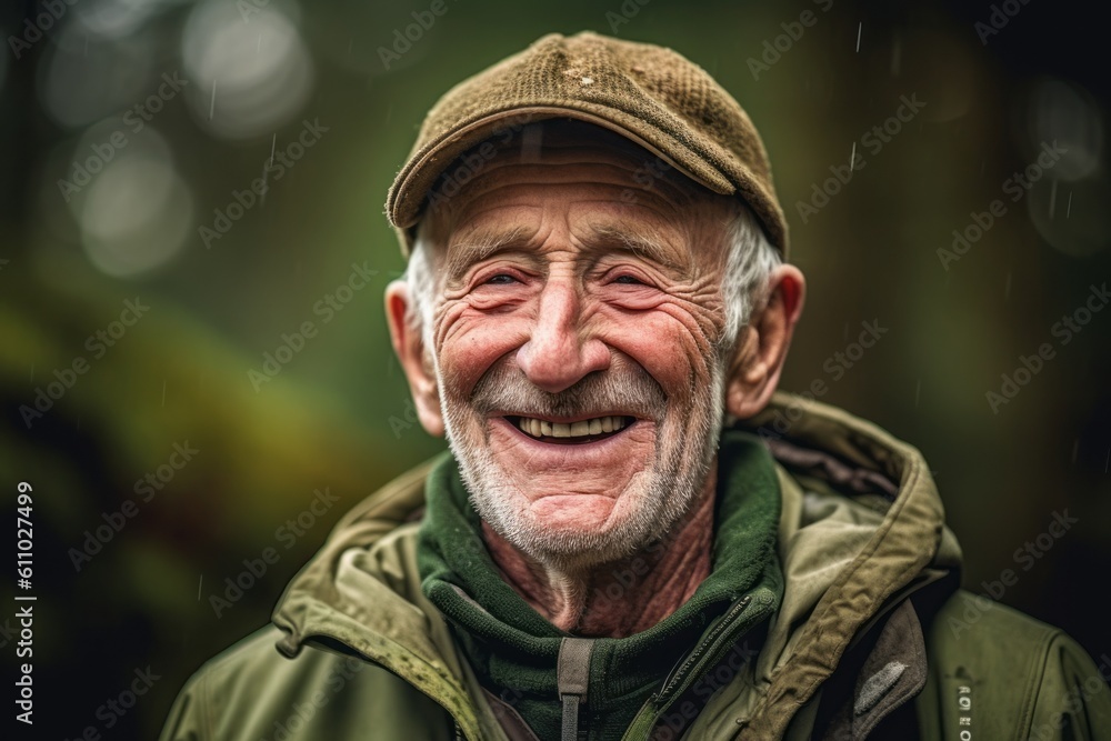 Close-up portrait photography of a joyful old man smiling against a moss-covered forest background. With generative AI technology