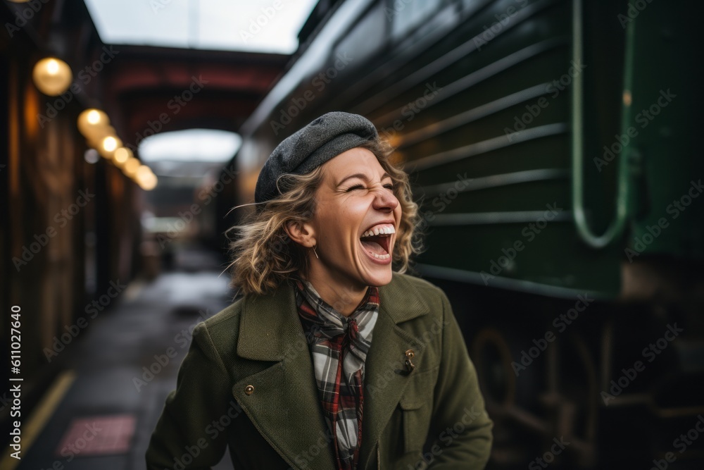 Environmental portrait photography of a glad mature girl laughing against a historic train background. With generative AI technology