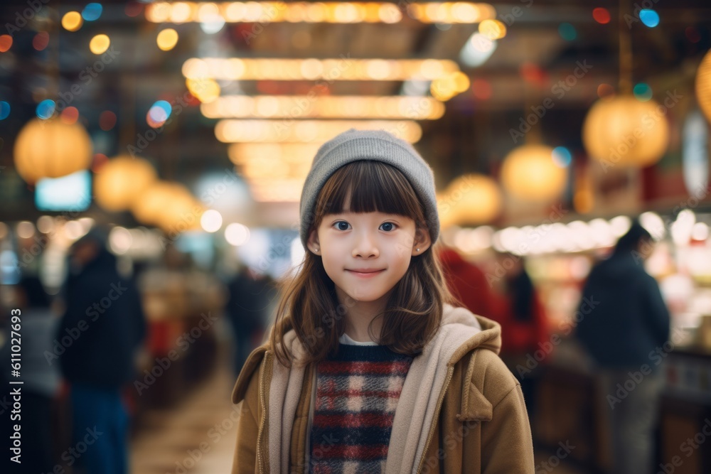 Conceptual portrait photography of a glad kid female walking against a bustling food court background. With generative AI technology