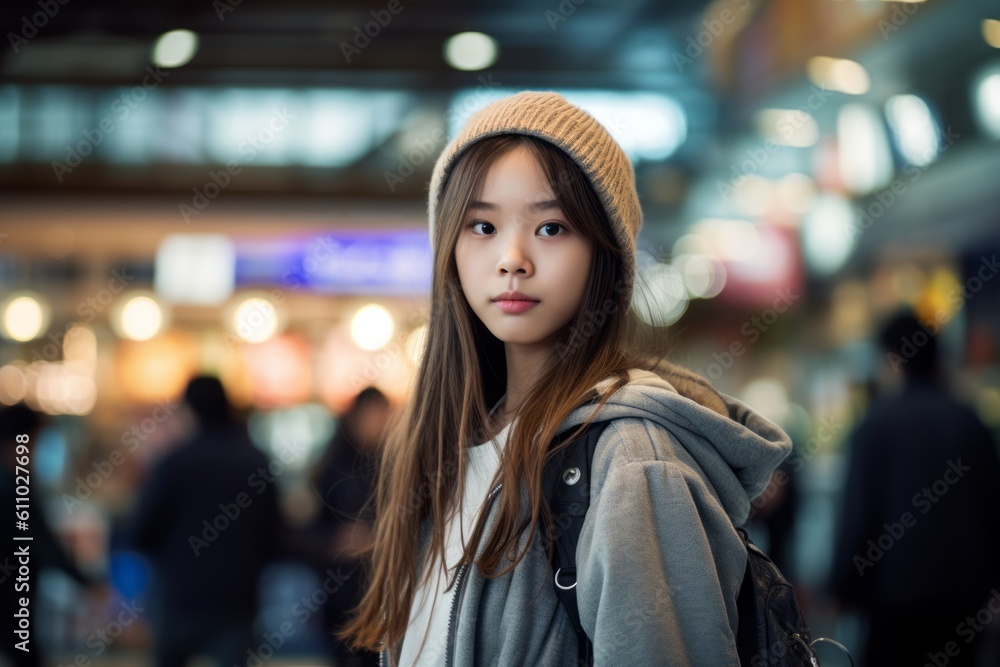Conceptual portrait photography of a glad kid female walking against a bustling food court background. With generative AI technology Conceptual portrait photography of a glad kid female walking against a bustling food court background. With generative AI technology