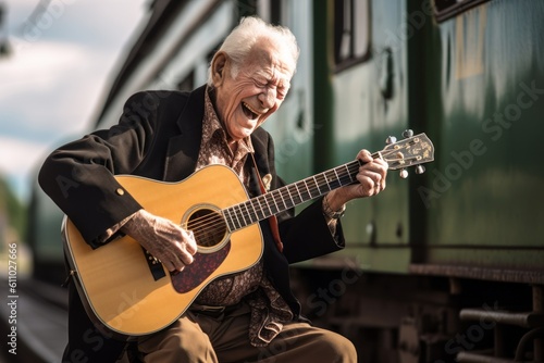 Environmental portrait photography of a glad old man playing the guitar against a historic train background Fototapet