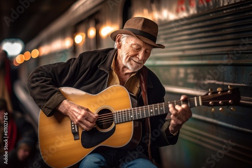 Environmental portrait photography of a glad old man playing the guitar against a historic train background. With generative AI technology